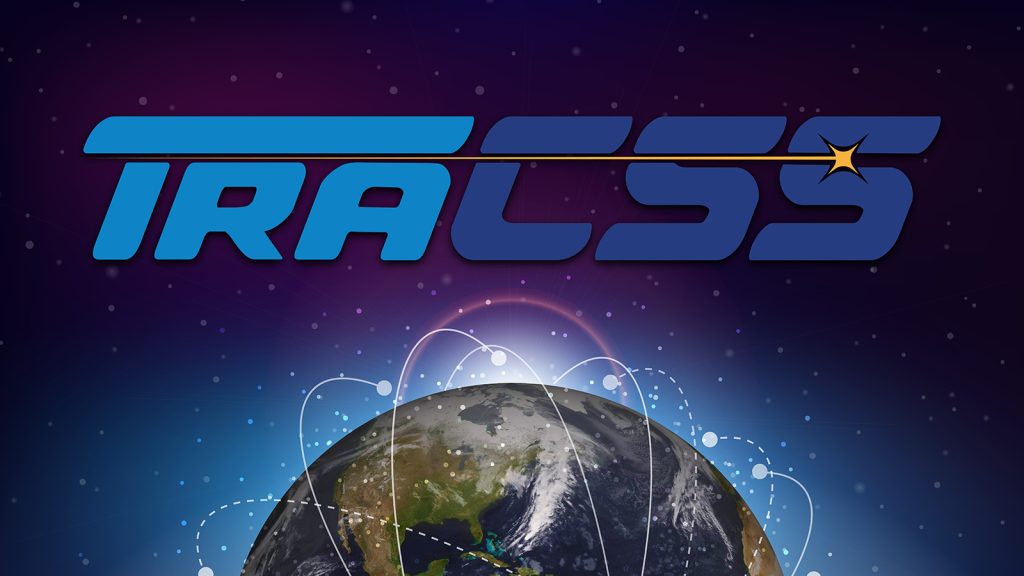 TraCSS logo in space above Earth with stylized orbits circling it