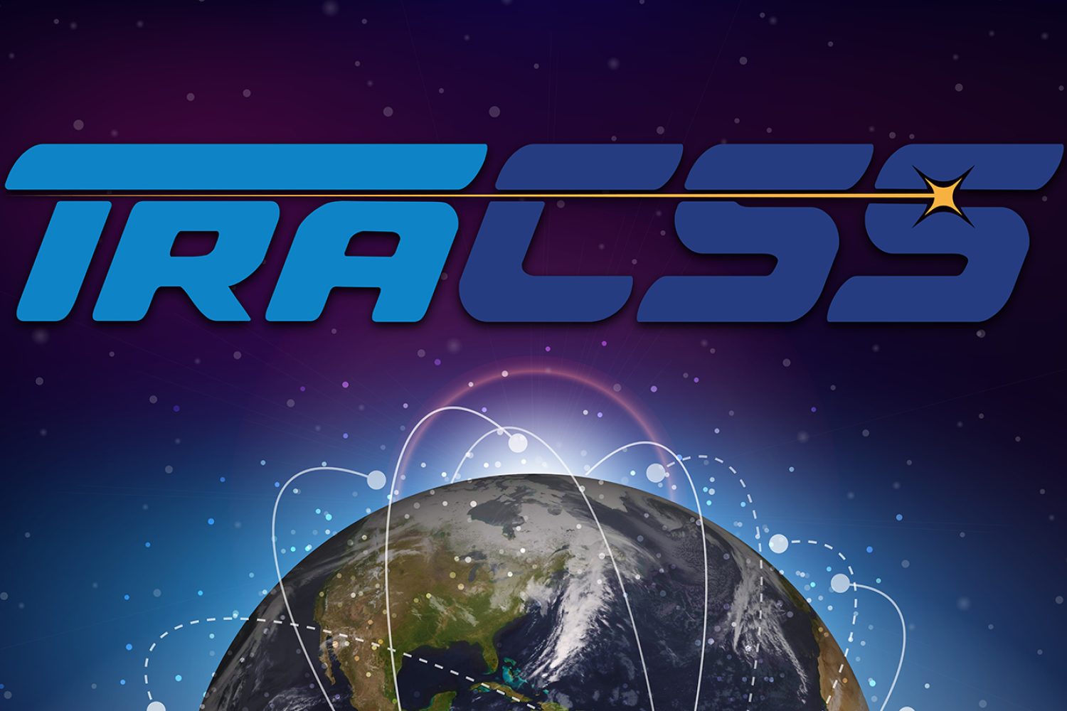 TraCSS logo in space above Earth with stylized orbits circling it