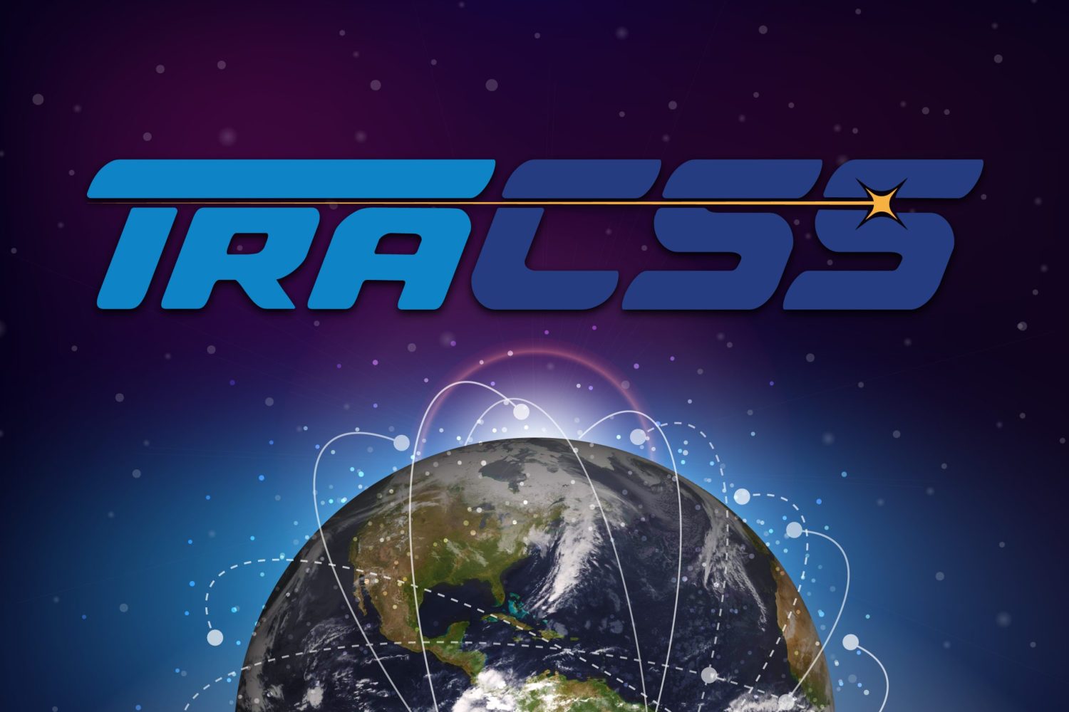 TraCSS logo over Earth with stylized orbits around it and a white light emerging over the horizon